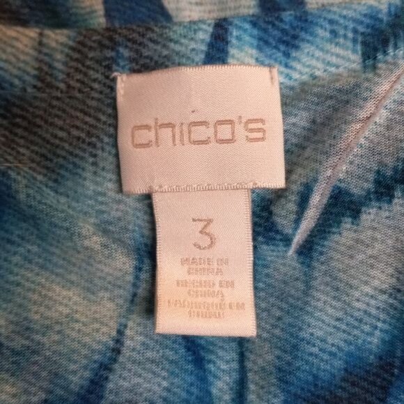 Chicos Size 3 XL Tunic Top Blue Ikat Pattern Long Sleeve Pleated Raw Edge Detail - Picture 8 of 9